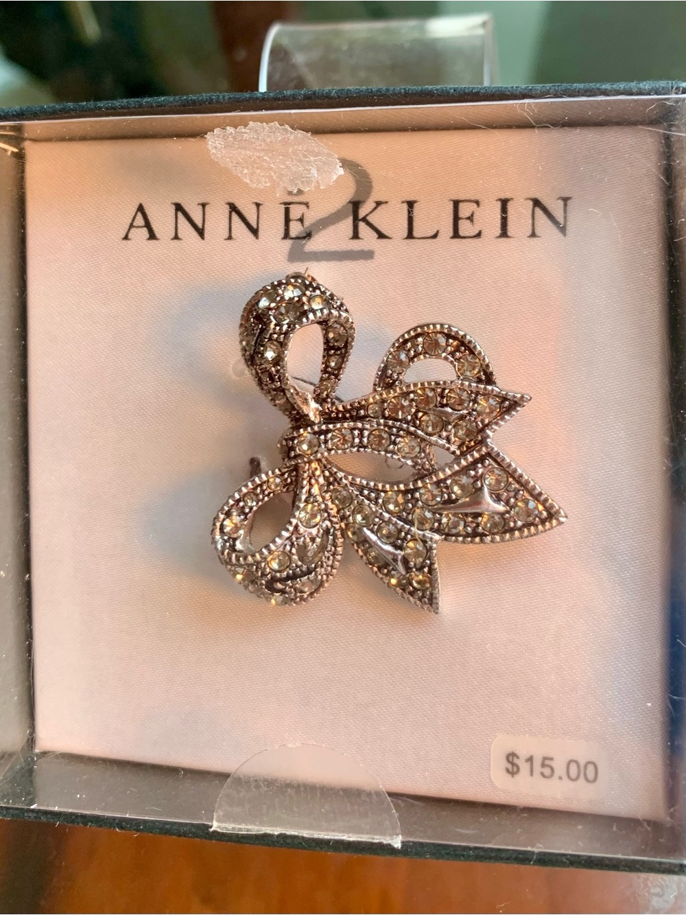 Anne Klein Silver-Tone Bow Leaf Crystal Brooch - New!